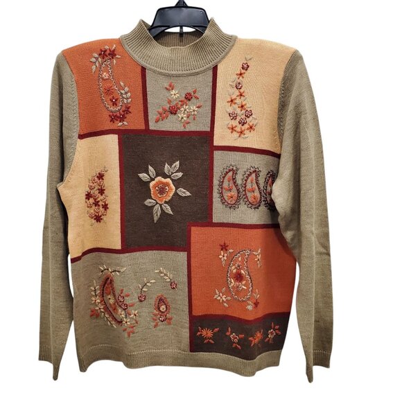 Alfred Dunner Petite Vintage Earthy 70s Embroidered Cottagecore Mock Sweater PM - Picture 1 of 9